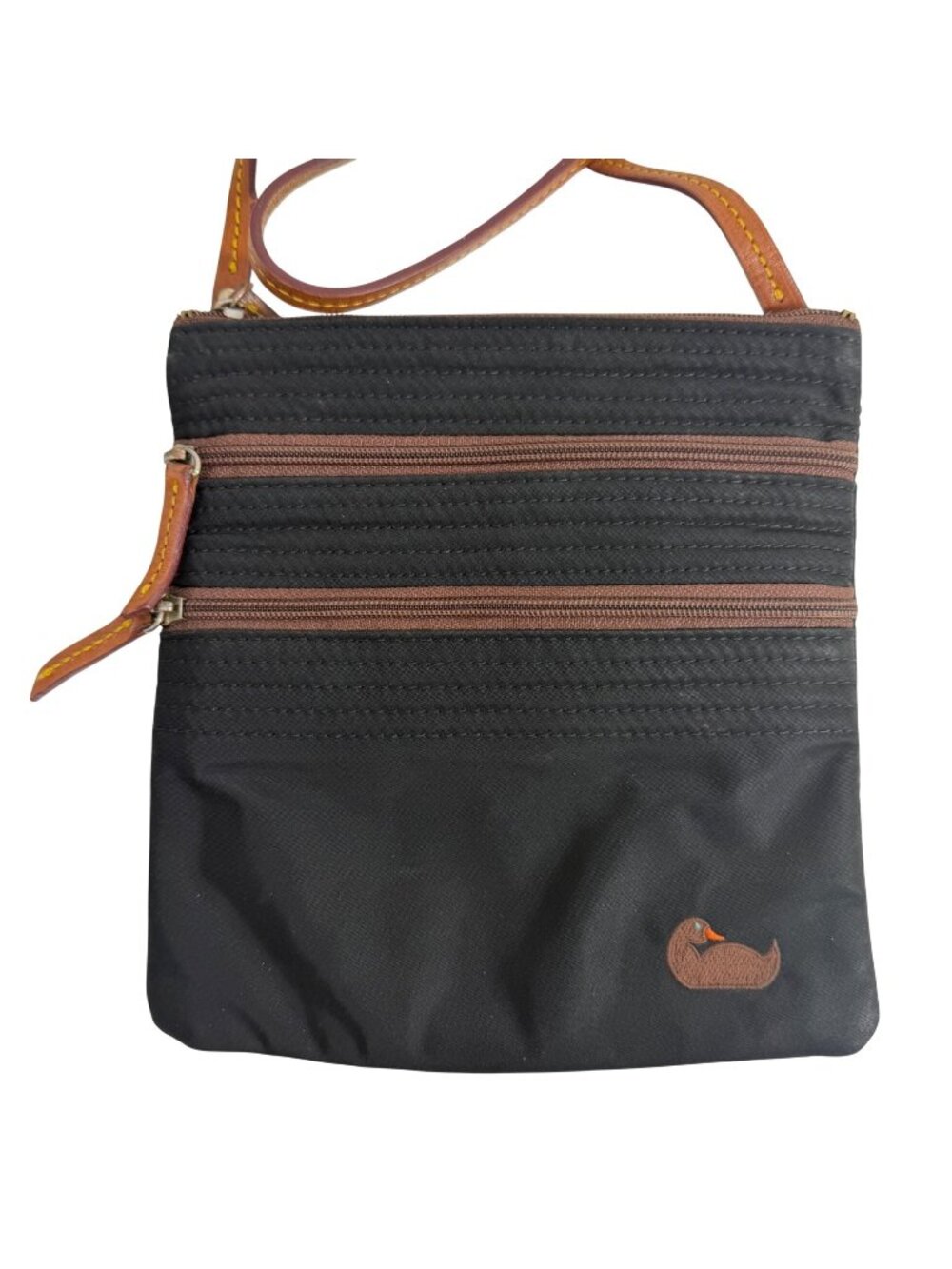 Dooney Bourke North/South Triple Zip Black Nylon Leather Trim Crossbody Bag